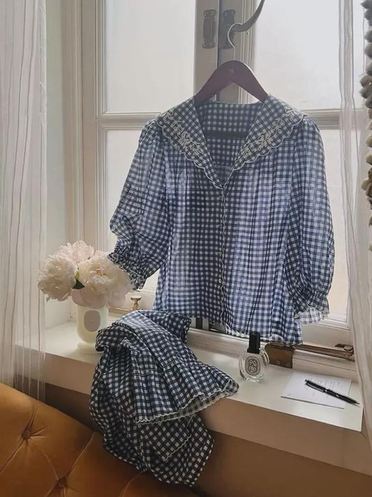 French Gingham Ruffle Lounge & Pajama Set